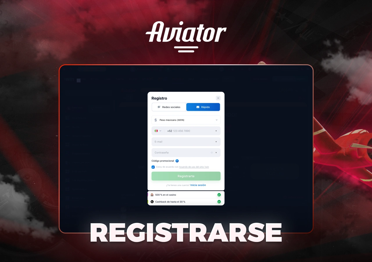 Registrar una cuenta en 1Win para jugar a Aviator